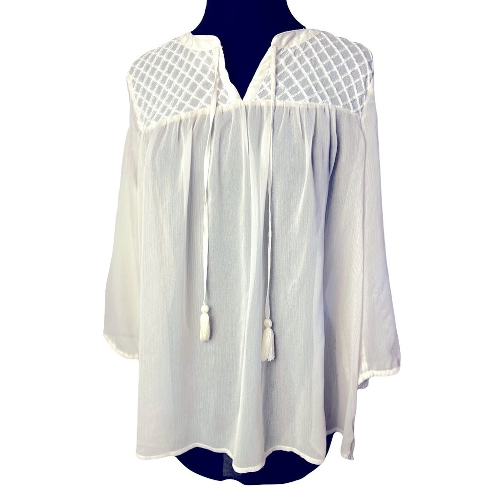 Lucky Brand | Sheer White Boho Embroidered Tassel Tie Peasant Blouse, Medium